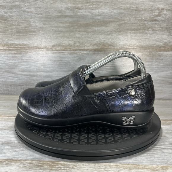 Alegria Womens Keli Blue Leather Croc Print Clogs Size EU 38 US 8 - Picture 1 of 8
